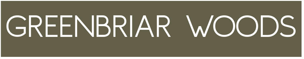 A logo with the words "Greenbriar Woods" in white on a dark background.